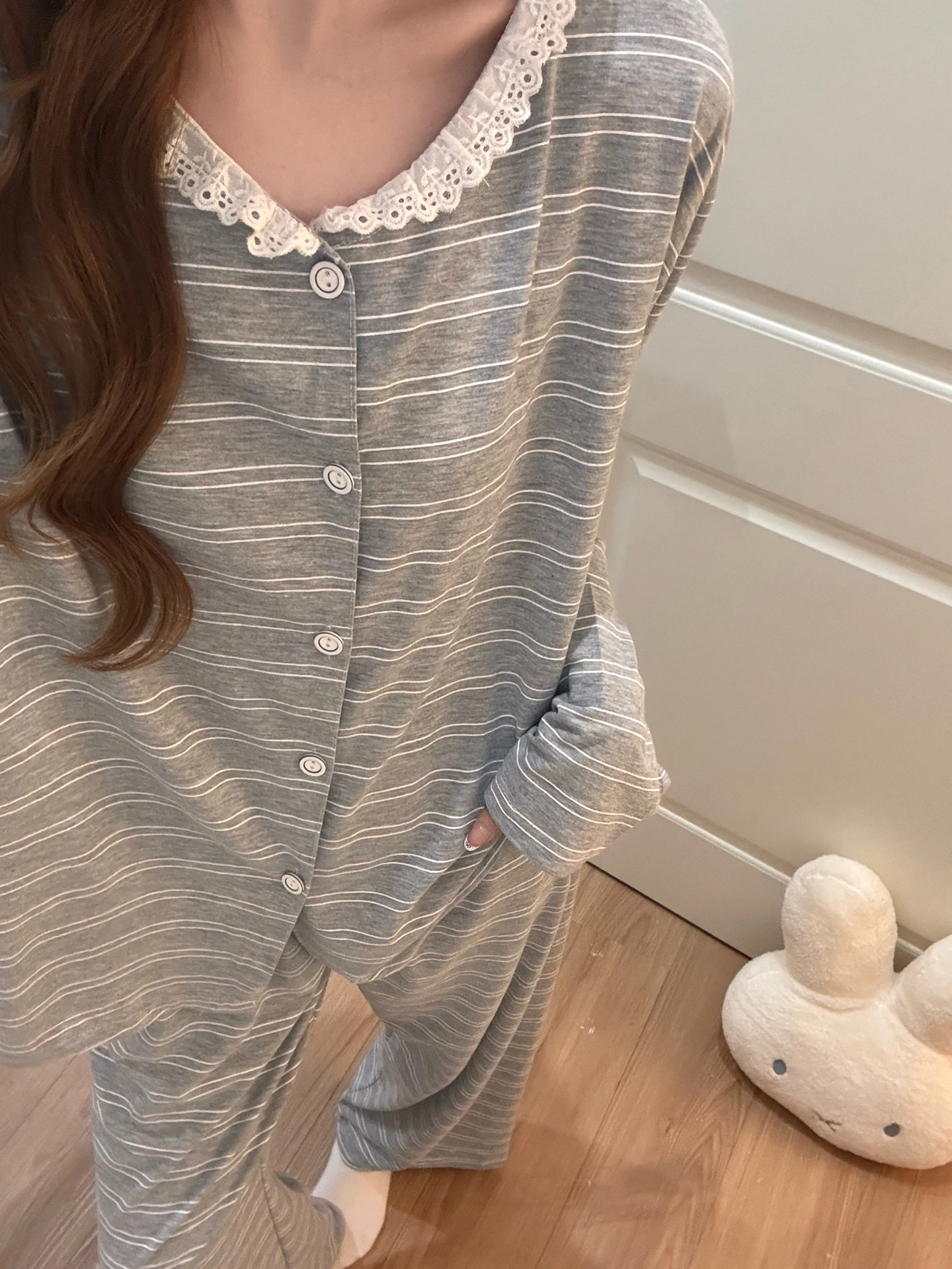 

Comfortable Pure Cotton Nightgown Women's round Neck Home Clothes Set Spring Autumn New Style Lace Trim Striped Sleepwear