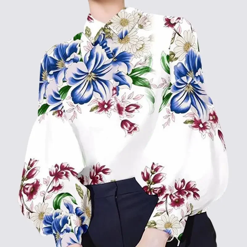 Polo neck lantern long sleeved floral shirt 2023 autumn new French elegant  printed top for women  blouse