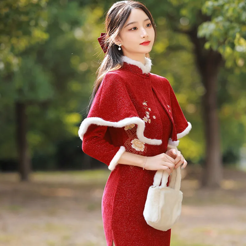 Chinesische Traditionelle Abendkleid Frauen Qipao Eleganti Dünne Lange Schal + Cheongsam Stickerei Winter Chinesische Neue Jahr Kleidung 2023