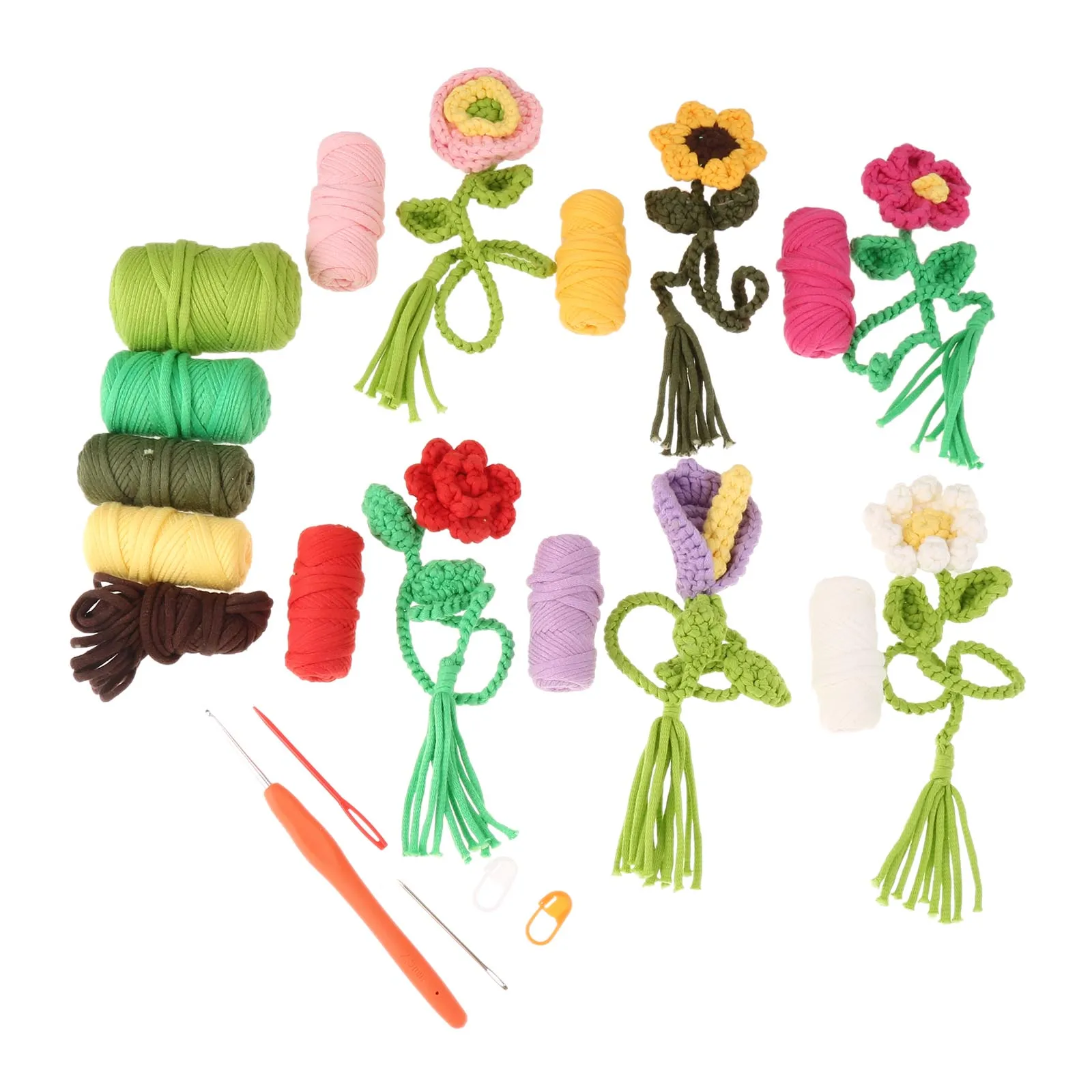 21pcs Crochet Flower Bookmarks Knitting Kit Soft Colored Yarn Stitch Marker Metal Needle Ergonomic Hook Craft Beginner Friendly