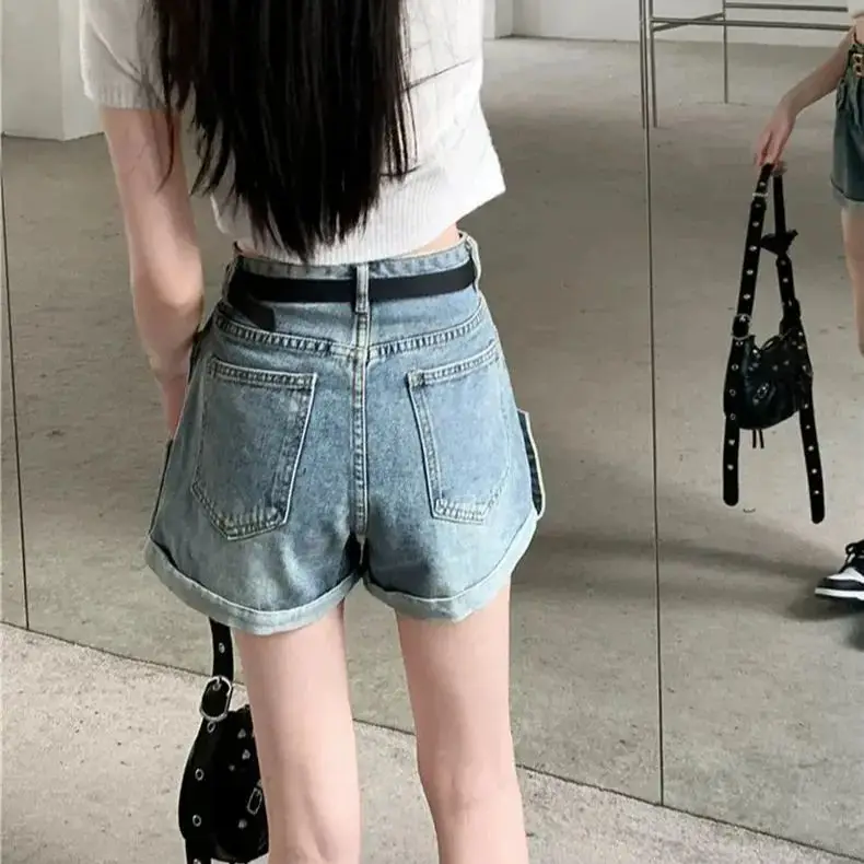 Retro Blue Rolled Denim Shorts Women Spring New High Waist Loose Slim Niche Design Sense A Line Wide-Leg Short Pants