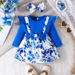 Winter 2024 Girls Dress Girls Long Sleeve O Neck Ruffles Bow Print Blue Cute Preepy Look Birthday Party Dresses Vestidos 0-24M