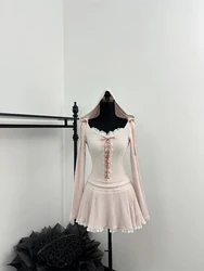 Spring Women 2000s Y2k Korean Shoujo Girl Coquette Outfits 2 Piece Set Long Sleeve Hoodies Tops + Sweet Mini Lace Gyaru Skirts