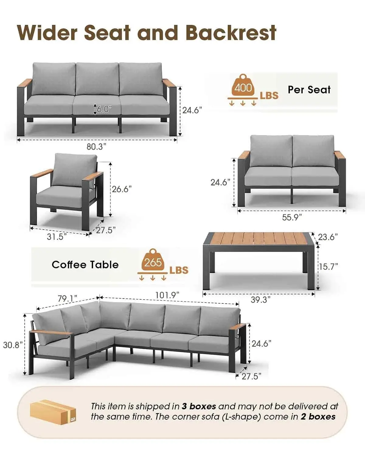 Aluminum Patio Furniture Set 6 Seats Sectional Sofa with Waterproof Cushions & Coffee Table for Backyard Porch Balcony, Customiz