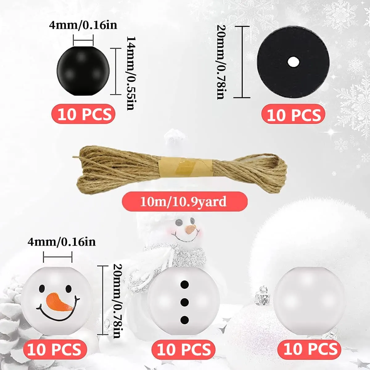 50pcs/100pcs Christmas Snowman Wooden Beads With Jute Twine Unfinished Winter White Round For DIY Crafting Making Holiday Party