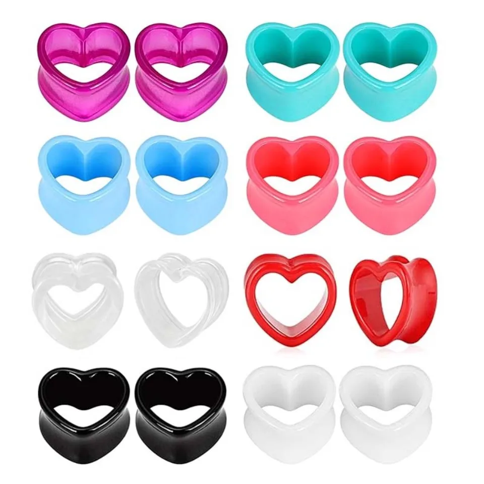 2er-Set Herzförmige Acryl-Ohrstöpsel in verschiedenen Farben – Tunnel-Dilatator-Piercing-Schmuck 2g-7/8 Zoll – Detail 1