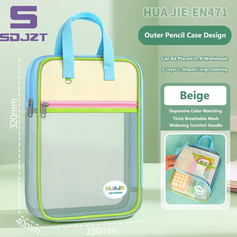 Student Handheld File Bag, Dopamine Color Tote, L-Shaped Zipper Mesh Folder, Exam Paper Storage And Subject Organizer