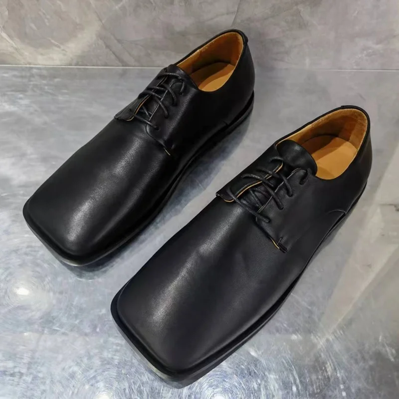 Fashion Square Toe Leather Shoes Men Black Loafers High Quality Cattlehide Lace-up Mens Dress Shoes Flats Casual Shoes