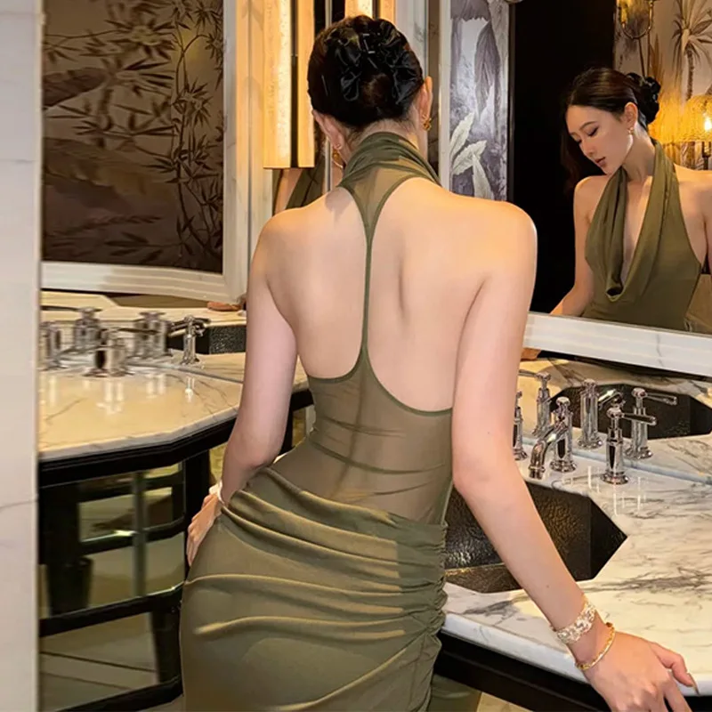 Sexy Backless Ruched Bodycon Dress Long Sleeveless Dresses Spring Summer Evening Dress