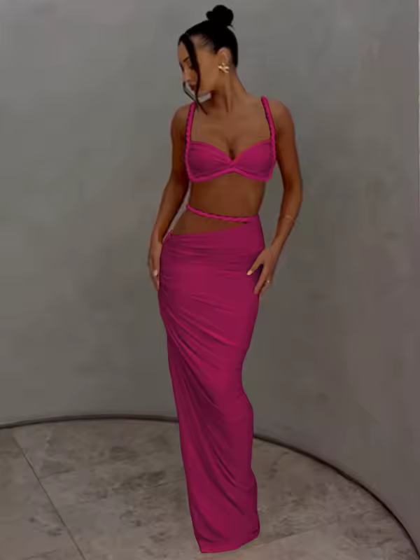 kliou Woven Sexy Women 2 Piece Set Stunning Hot Solid Pleated Crop Camisoles+High Waist Maxi Skirts Female Trend Vacation Outfit - Image 10