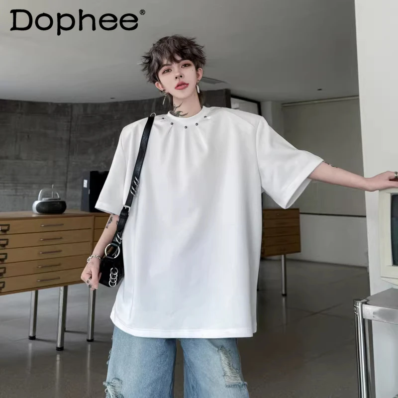 

2026 Men's Summer New Round Neck Handmade Rivet Decorative Tops Short-sleeve Solid Color T-shirts Men's Comfort Half-sleeve Tees