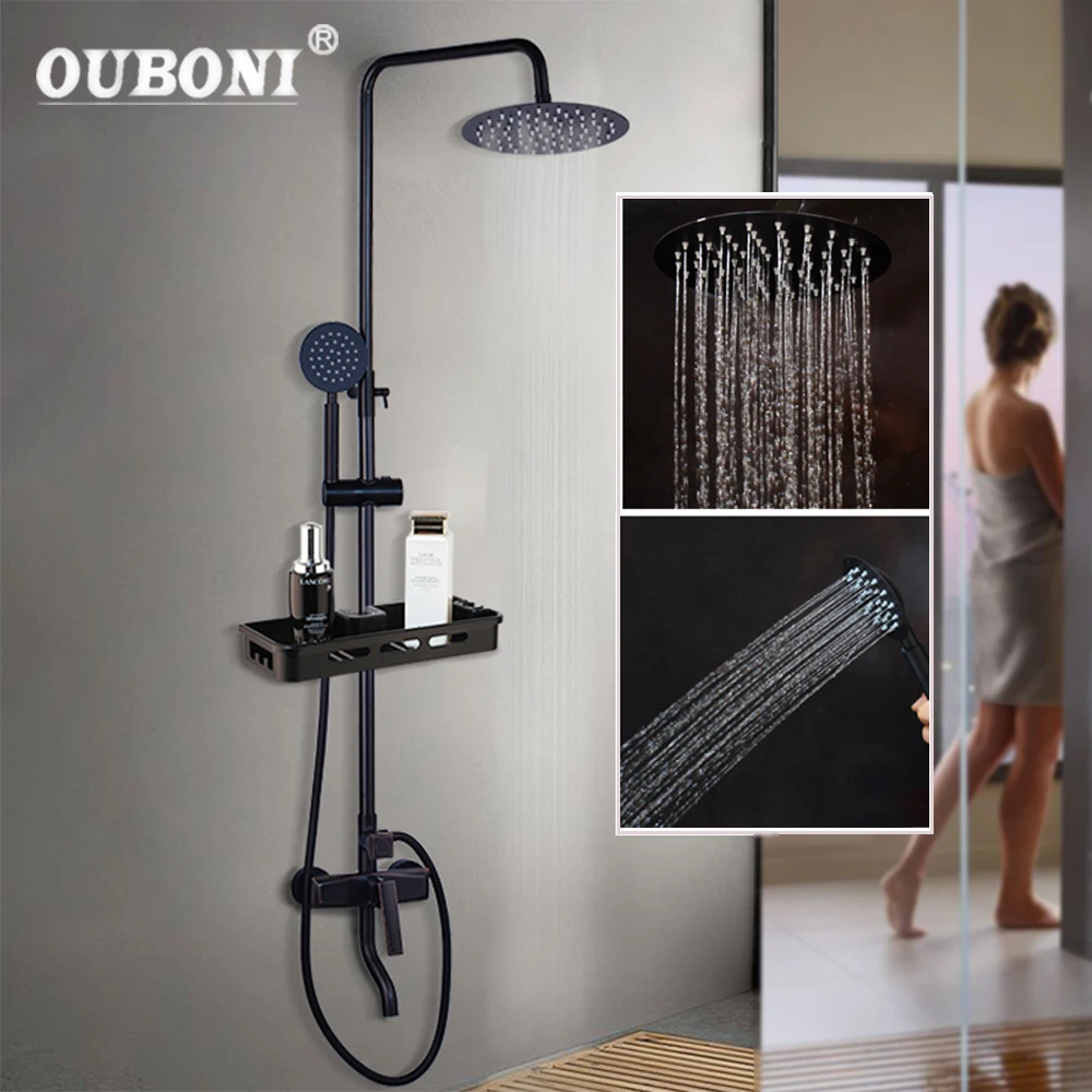 

OUBONI Matte Black Bathroom Shower Systerm Rainfall Shower Faucets Set Lever Bathtub Shower Mixer Faucet W/ Storage Shelf