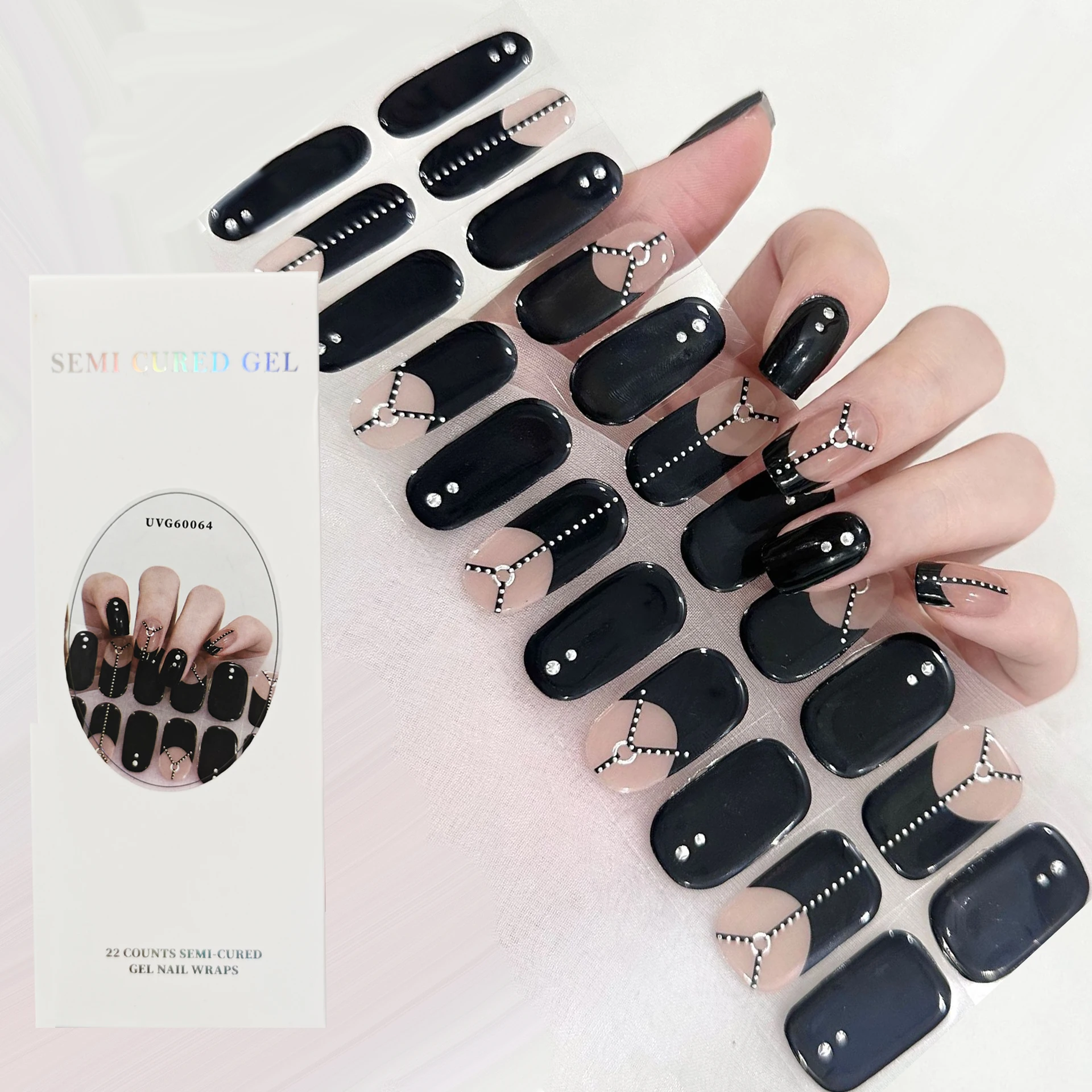 22Tips Nude Semi-Cured Gel Nail Black Nail Glittet Nail Decal Waterproof Lasting Full Cover Gel Nail Stickers UV Lamp Needed