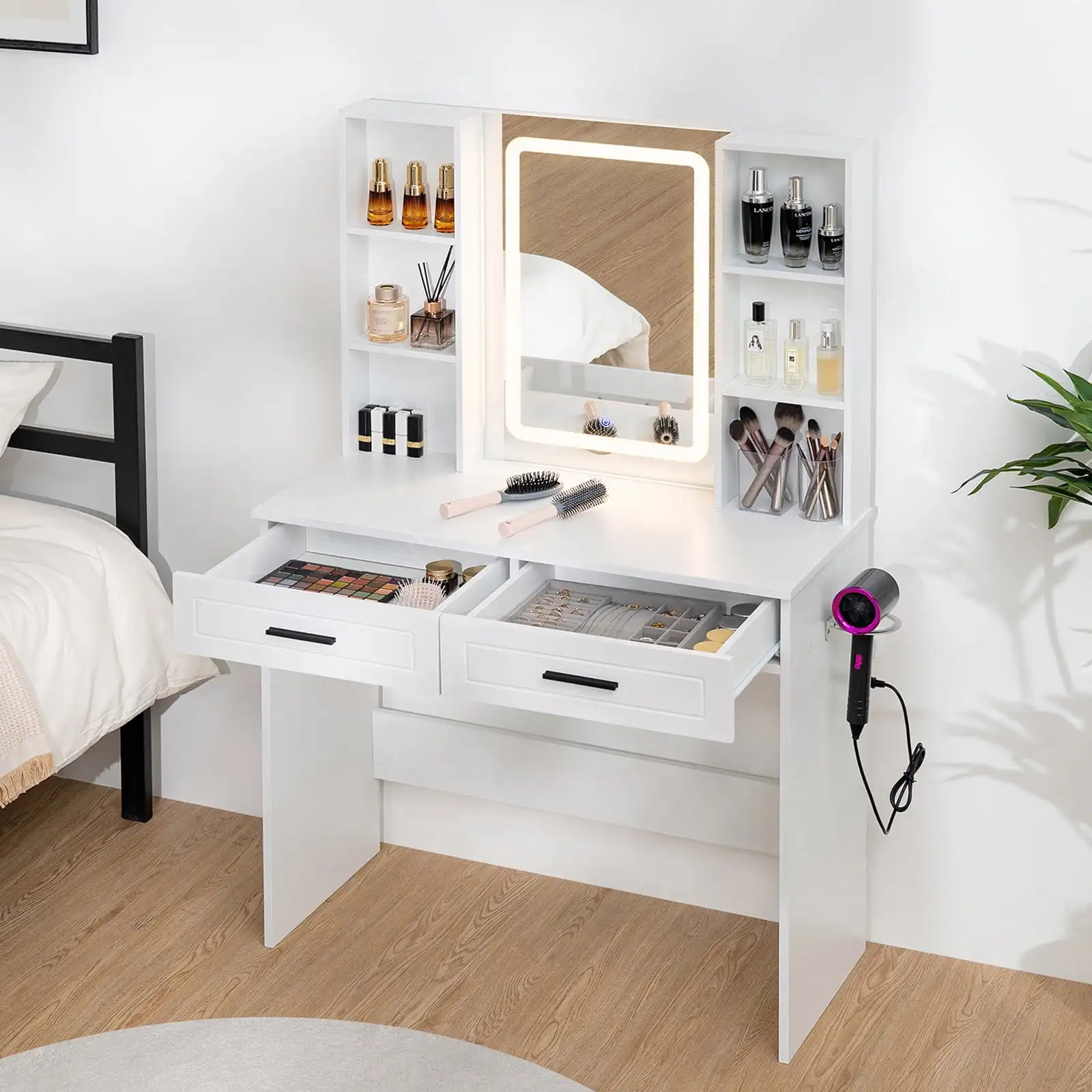 Vanity, make-upijdelheid met LED-verlichte spiegel Vanity Desk met lades Kaptafel met laadstation voor meisjes