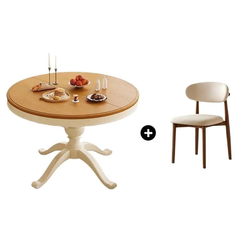 Traditional Style Folding Dining Table Small Apartment Solid Wood Telescopic Oval White Color-Block American Round Table
