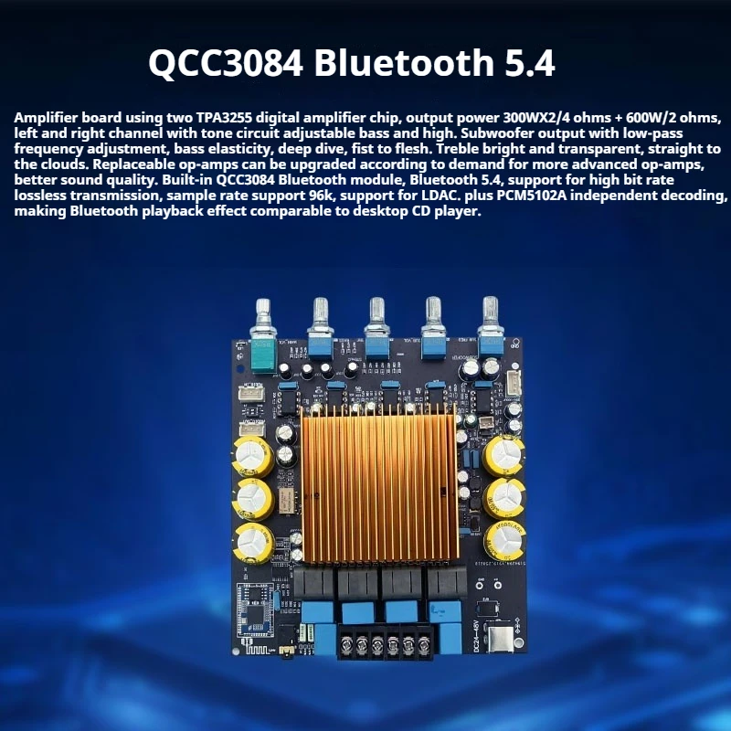 TPA3255*2+QCC3084 Bluetooth 5.4 HIFI 2.1 Subwoofer Verstärker Bord 300W*2+600W mit PCM5102A Dekodieren 96K LDAC 24V-48V