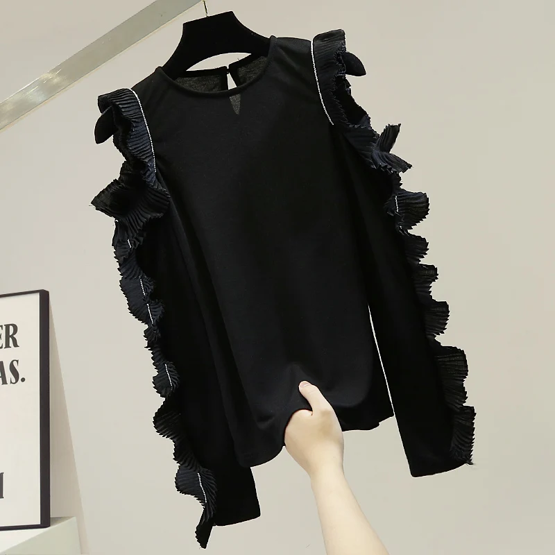

Faionable Pleated Ice Silk Thin Knitted Long Sve Top Korean Sle Slim Fit oulder Bared Knitwear Commute Sle Pure Color