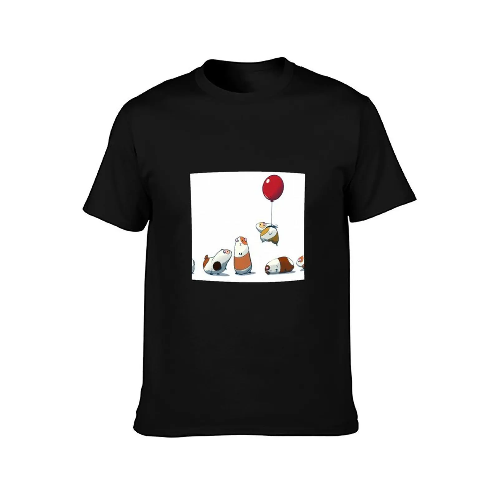 Guinea pig family are playing with red balloon T-Shirt, Summer Casual Cotton Tee, Oversized Streetwear Tops, Unisex Men Women