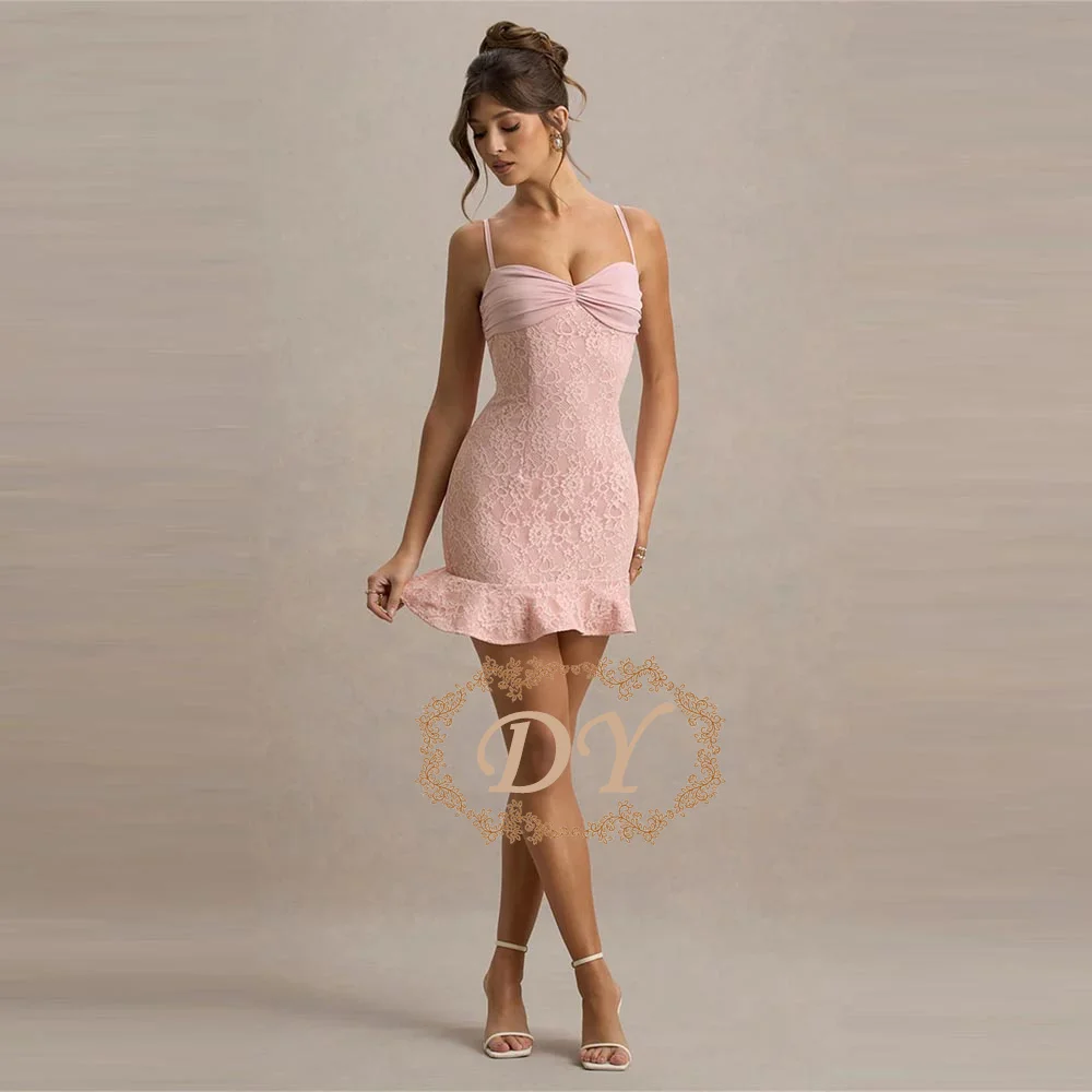 

DY Sexy Heavy-Duty Spaghetti Strap Bandage Dress, Fashion Lace Trim Asymmetric Design Elegant Party Gown Midi Dress