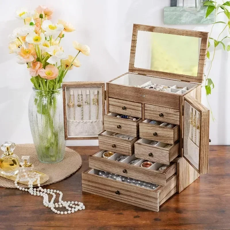 Wooden Jewelry Boxes & Organizers 5-Layer Rustic Latest Large Jewelry Organizer Box with Mirror & 8 Drawers