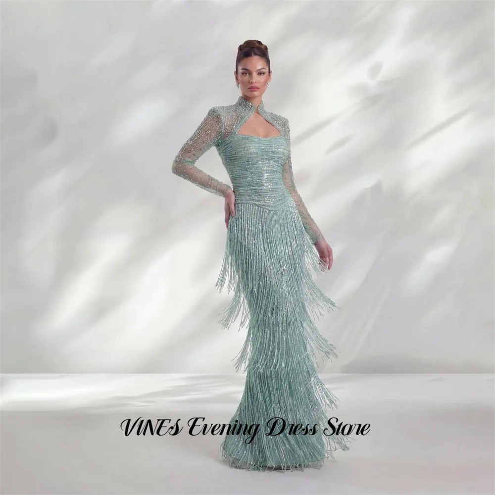 

VINES Teal Evening Dresses High Collar Off the Shoulder Prom Dresses Layered Mermaid Party Formal Gown robe de bal Customized