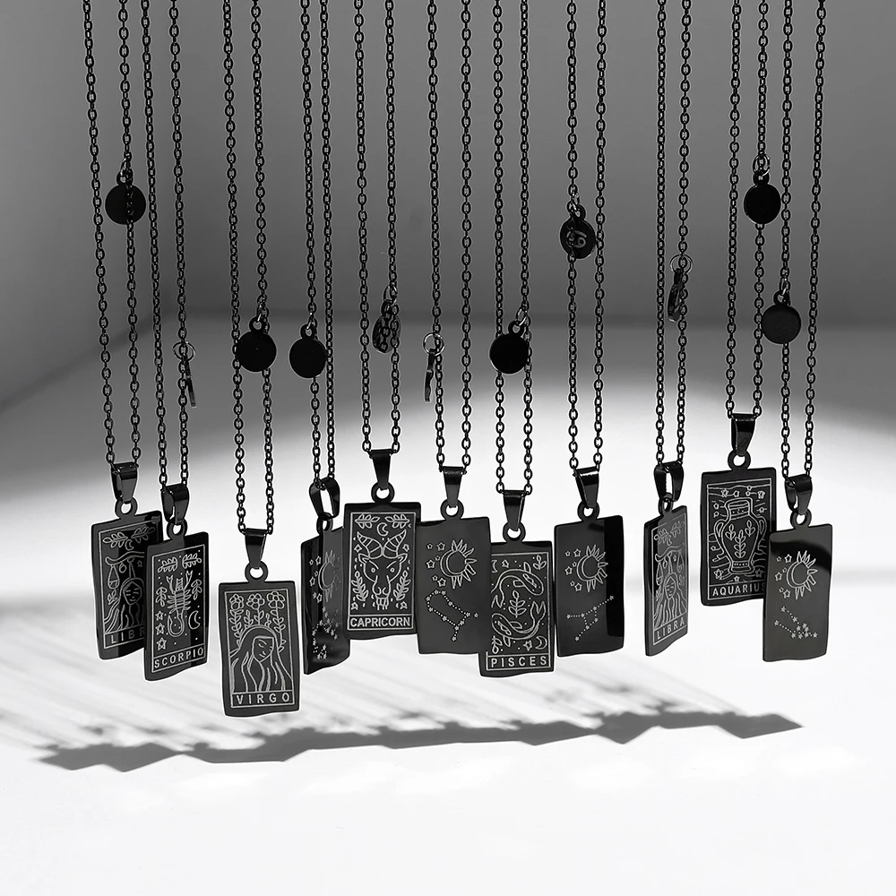 12 Constellations Square Pendants Stainless Steel Zodiac Sign Necklace for Women Men Clavicle Link Chain Necklaces Collar