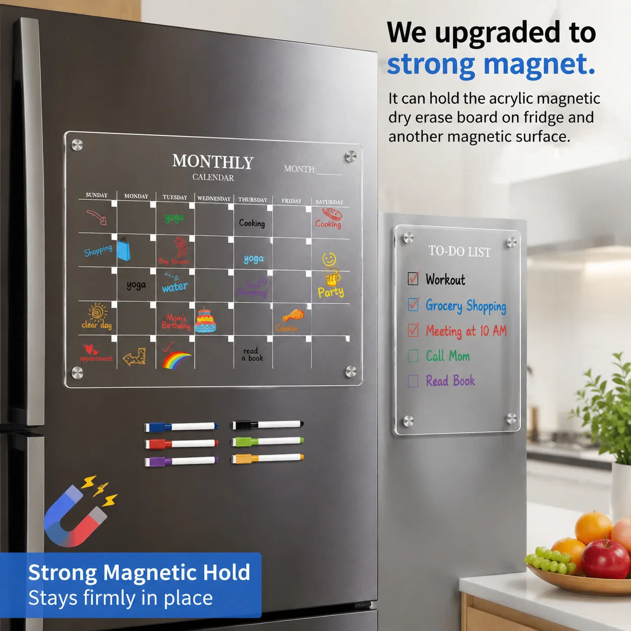 Magnetic Acrylic Dry-Erase Calendar-Clear Planner for Fridge, Ideal Kitchen Organizer for Home & Office with Marker Pen Included