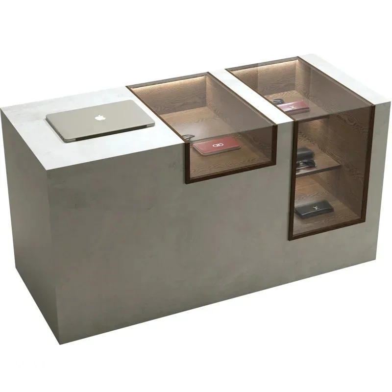 Minimalist Cement Colored Glass Cabinet and Commercial Reception Desk for Jewelry, Hairdressing, Bar, and Clothing Displays
