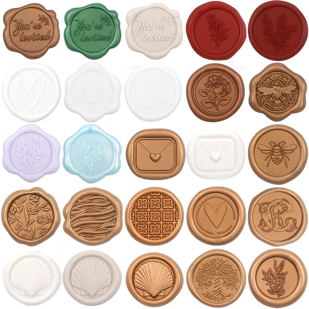 25pcs/set Wax Seal Stickers You\'re Invited Olive Branch Rose Bee Embossed Fans Mixed Pattern Self-adhesive Stickers DIY Decor