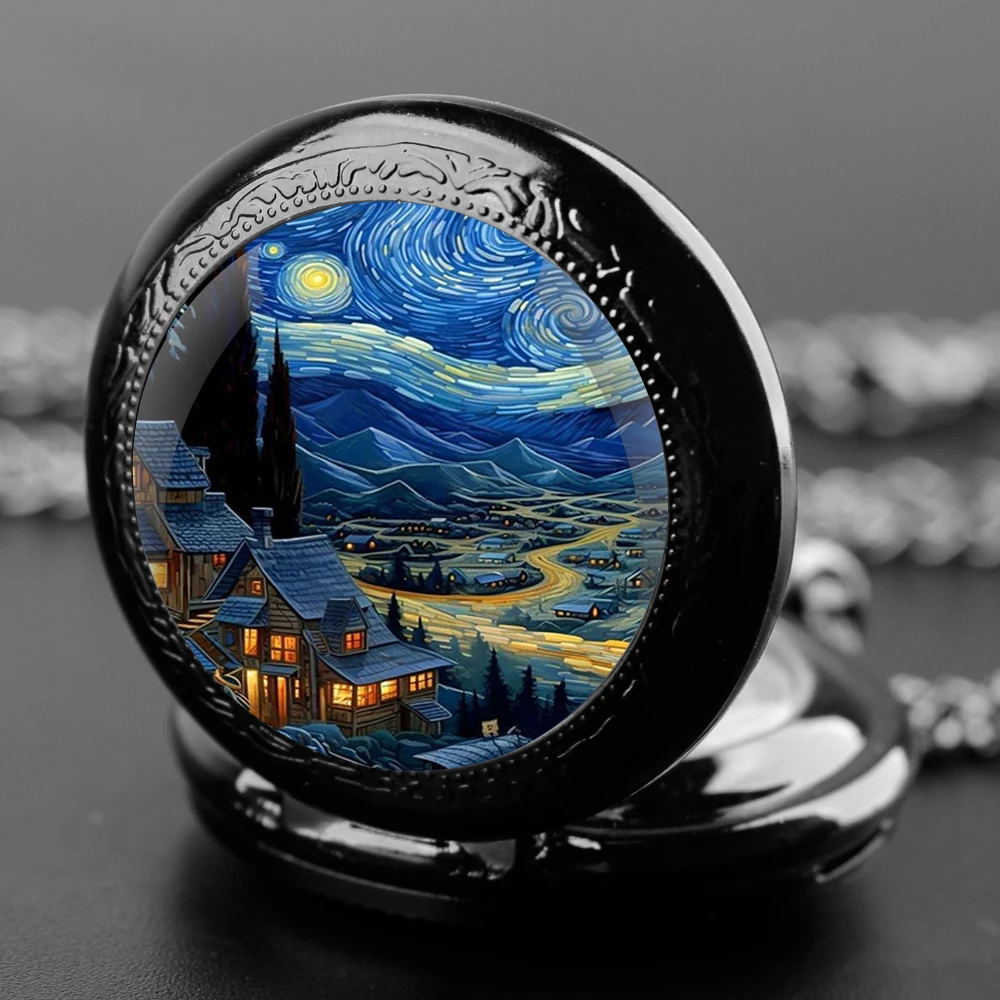 Classic Famous Painting Starry Sky Pattern Quartz Pocket Watch with Black Necklace Pendant  Analog Display for Women Men Kids