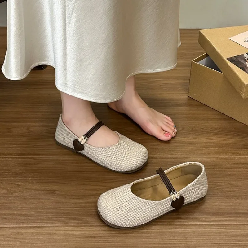 Ladies Round‑Toe Canvas Mary Janes, Woven Linen Pearl Strap Inner Elevation Flat Dress Shoes