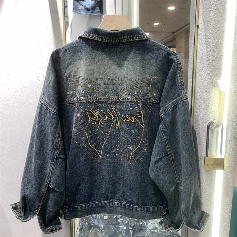 

Retro Butterfly Hot Diamond Denim Jacket Women Spring Autumn Loose Short Locomotive Wind Coat Classic Lapel Single Breasted Top