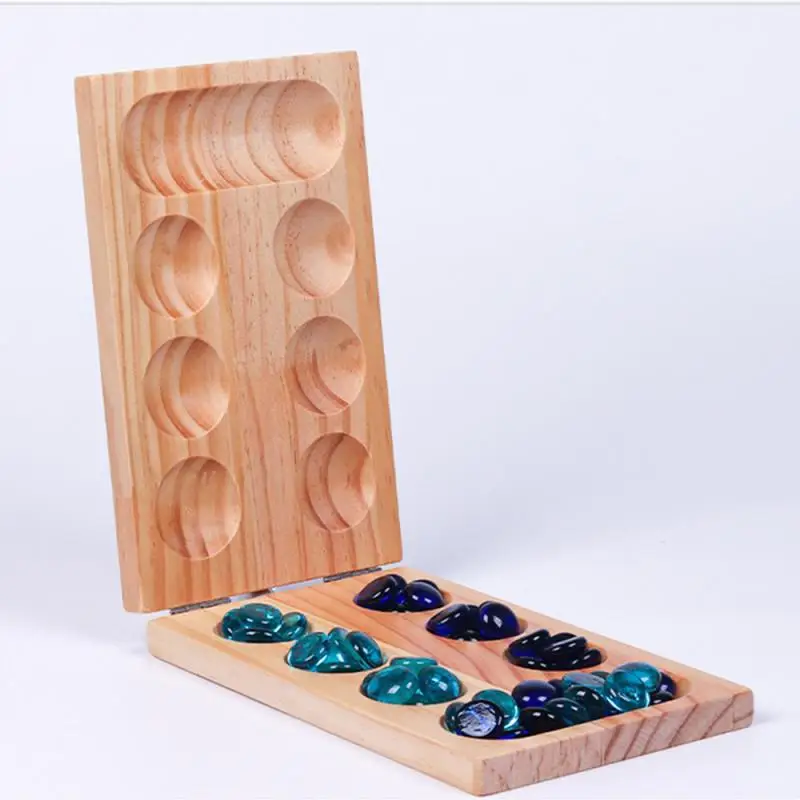 Mancala Board Game with Colorful Stones Pebbles Folding Wooden Board Chess Set R9JD