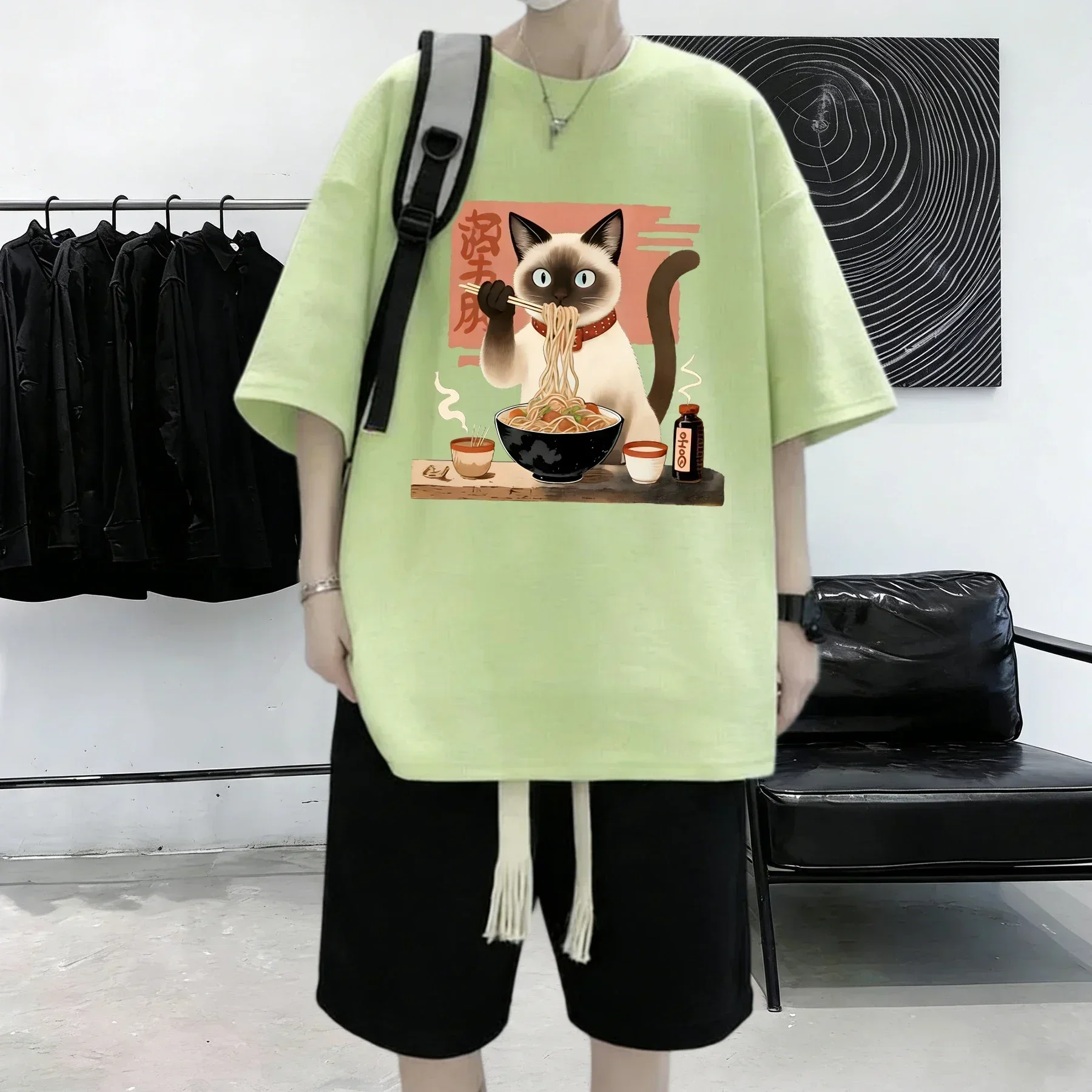 Siamese Cats Like To Eat Noodles Print Male Cotton Summer T Shirt Cool Thin Hip Hop Casual Clothing Street Youth Short Sleeve