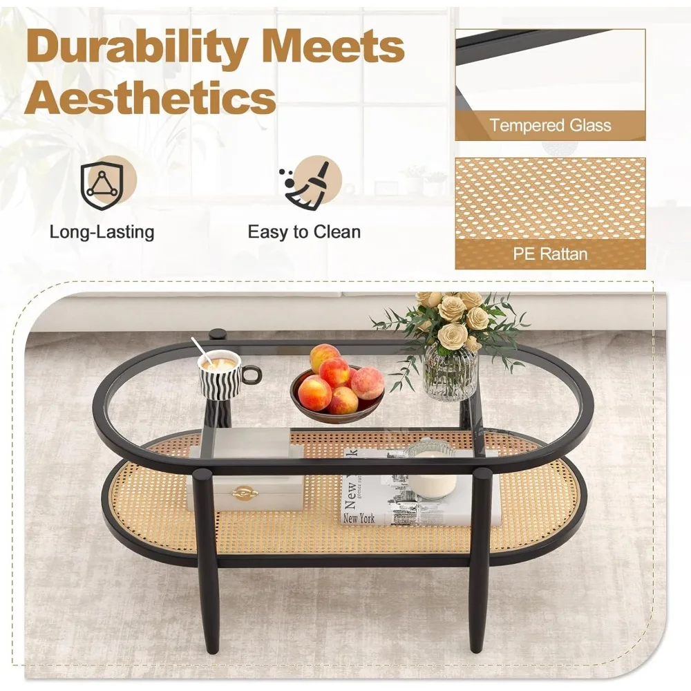 Two-Tier Oval Rattan Coffee Table with Tempered Glass Top and Storage Shelf, Boho Style Cocktail Table