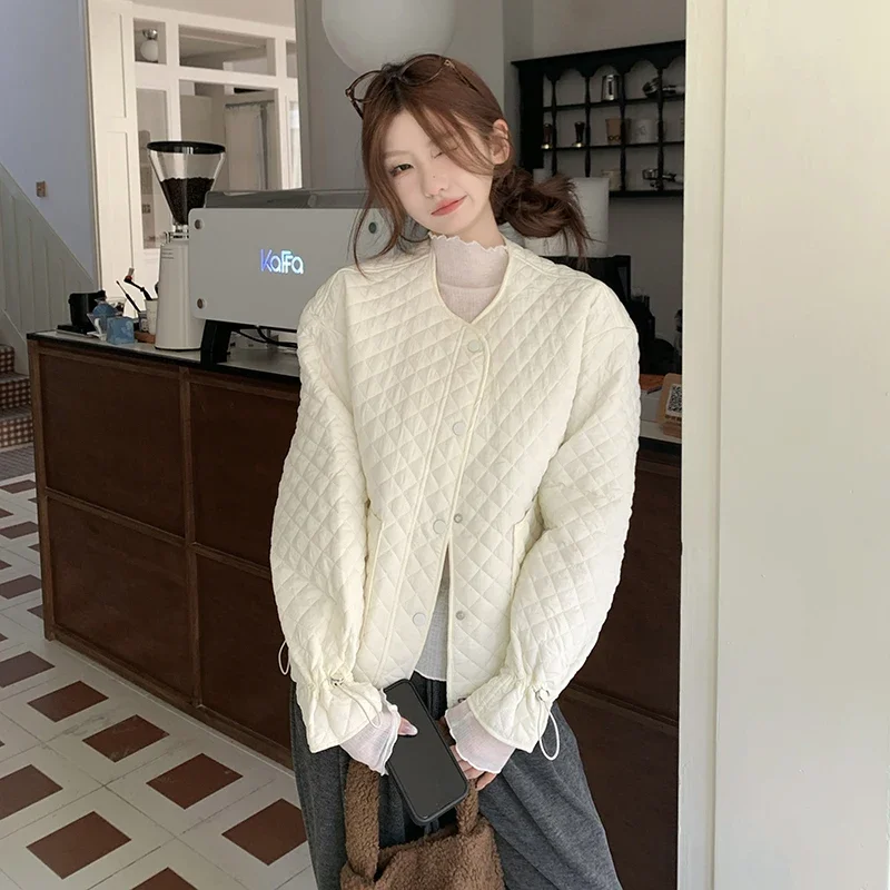

Korean Autumn and Winter Argyle Solid Cotton Coat for Women O-neck Collar Long Sleeve Loose Basic Parkas Windproof Casual Top