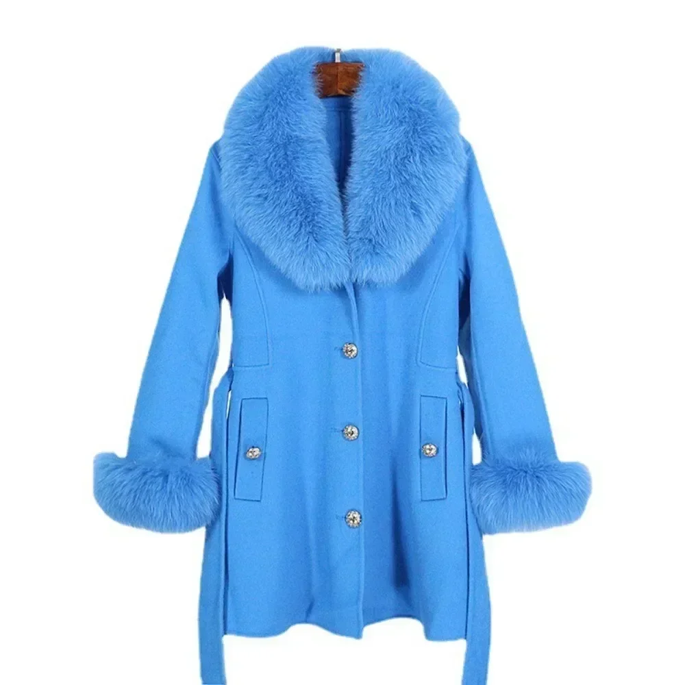 2024 Winter Real Fur Coat Cashmere Wool Jacket Women Woolen Streetwear Natural Fox Fur Collar Fur Cuffs Outerwear Fashion Casual