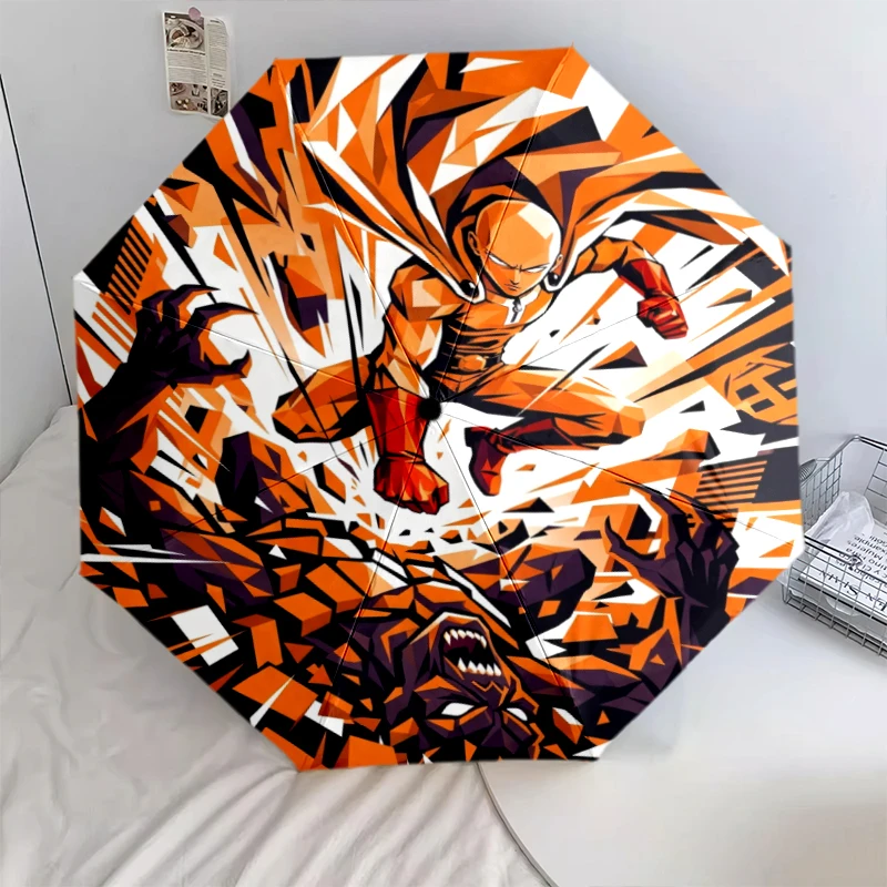 Paraguas Plegable Automático One-Punch Man Hero con 8 Varillas de Hierro, Protección Solar, Mango de Plástico Moderno, Diseño con Patrón, Regalo de Navidad - Xin