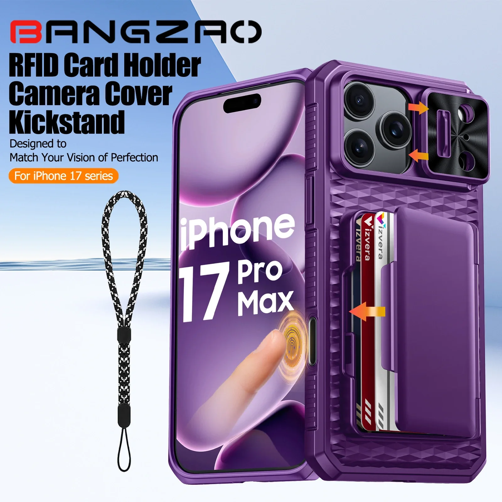 

С держателем для карт, раздвижной чехол для камеры и подставка для iPhone 17 Pro/17 Pro Max, чехол-кошелек с защитой от падения ПК + ТПУ — фиолетовый