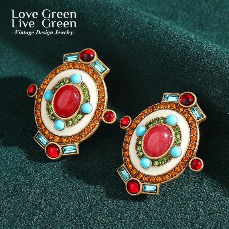 

Vintage Unique Earrings High Quality Red Agate Glass For Woman Chinese Style Rhinestone Accessories Daily Wedding 2025 New Trend
