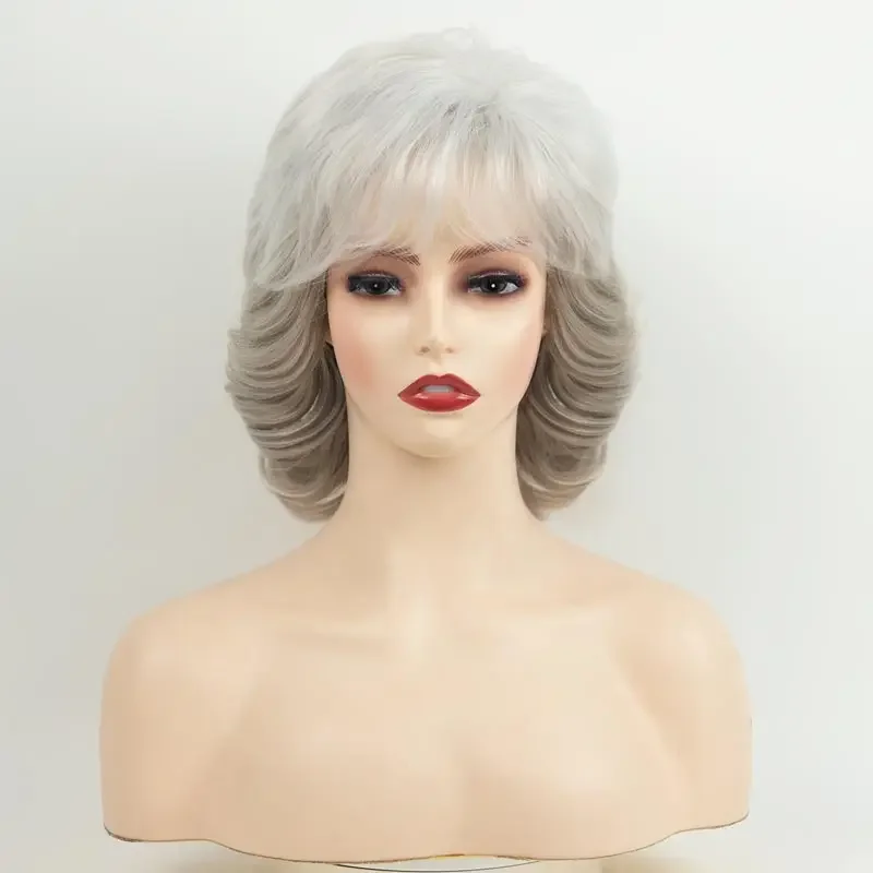 Short Silver Curly Hair Soft & Healthy Mommy Wig Gray Ombre Loose Wave Synthetic Wigs