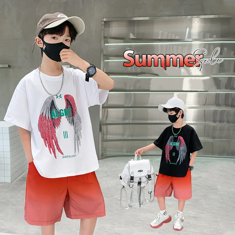 

New Kids Boy Summer Clothing Set Cotton T-shirt With Wings Print + Shorts 2 Pieces Tracksuit Outfit for Child Suit Wear 5-14 T