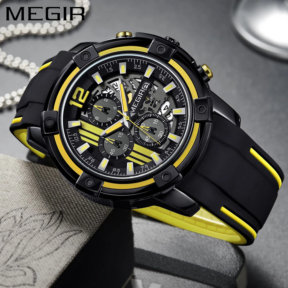 MEGIR Men\'s Yellow Silicone Strap Quartz Watches Chronograph Sports Clock for Man Rubber Military Army Male Gift Wristwatch 2097