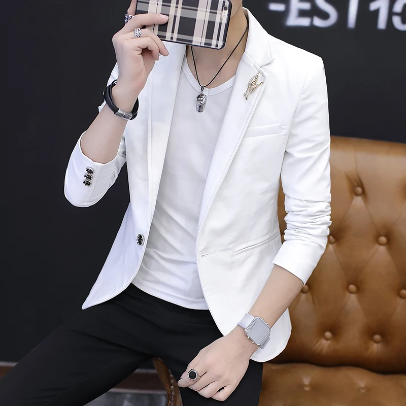 

Повседневный мужской костюм из искусственной кожи Jaet Youth Faion Slim Fit для ночного клуба, весна-осень, длина-стойка, застежка на одной пуговице