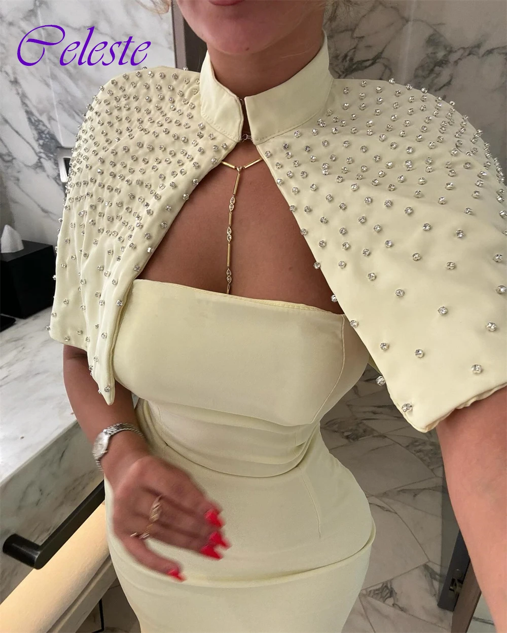 カスタマイズされたハイネックジャージストレートイブニングドレス絶妙なショールパーティードレス繊細なクリスタル特別な日のドレス