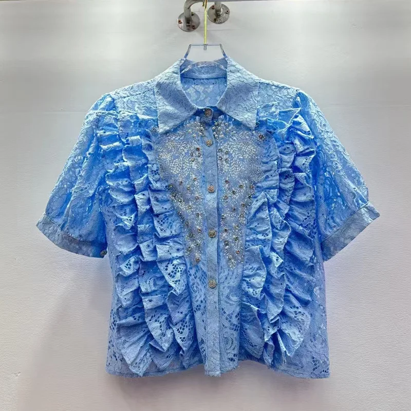 

Шикарные женские рубашки с 3D цветочной вышивкой и блестками, сетчатая блузка с оборками, летние укороченные топы с объемными рукавами и рюшами в виде лотоса