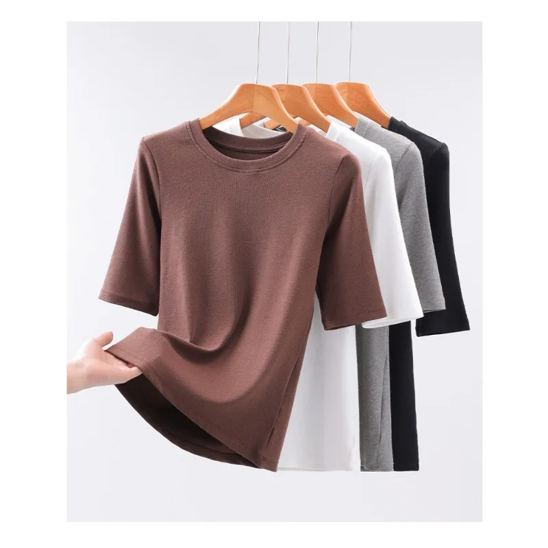 Women Crew Neck Combed Cotton T Shirt Regular Shoulder Half Sleeve Slim Solid Basic Casual Xinjiang Cotton Summer Top