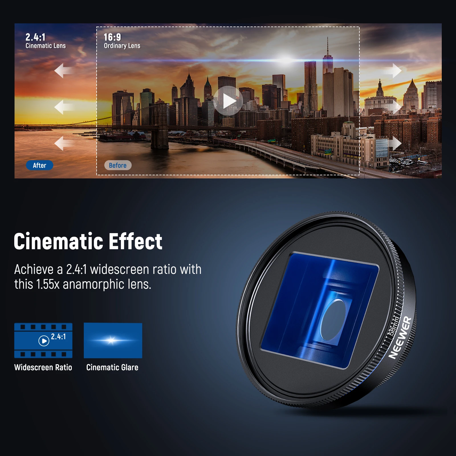 NEEWER Lente anamórfica azul 1.55x compatível com iPhone Android Samsung, acessórios para câmera de telefone com clipe de lente rosqueado de 17 mm