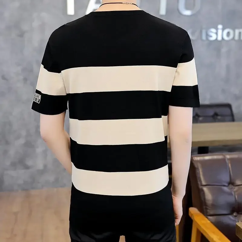 New Ultra-Thin Ice Silk Breathable Short Sleeve Summer Men\'s Round Neck Striped Slim Fashion Hip Hop Casual T-Shirt XL-XXXL