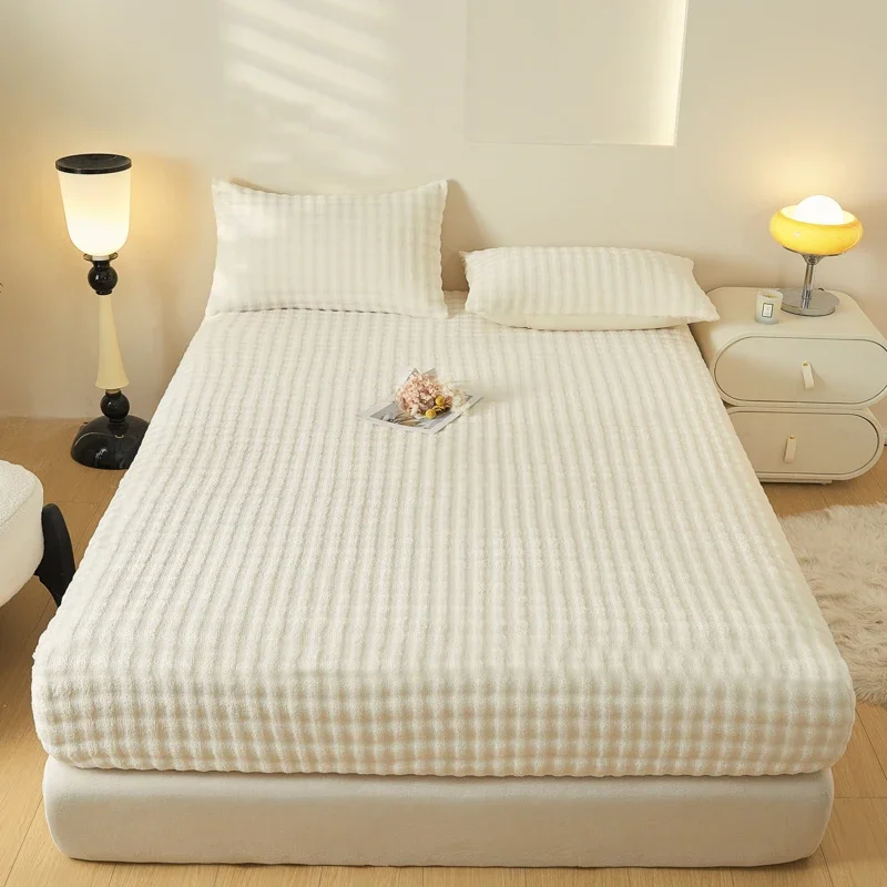 Imitation Rabbit Plush Warm Winter Fitted Sheet Solid Color Soft Plush Mattress Protector Single Double Size Faux Fur Bed Sheet
